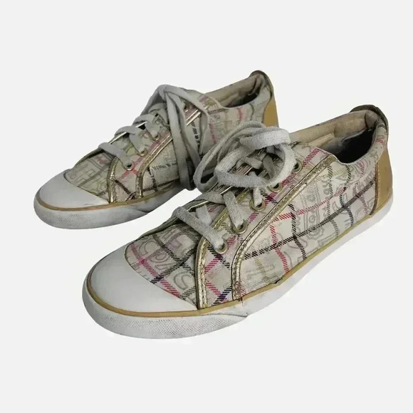Coach Barrett Cream Multicolored Plaid Gold Leather Sneakers Canvas Size 9.5 - Picture 2 of 12